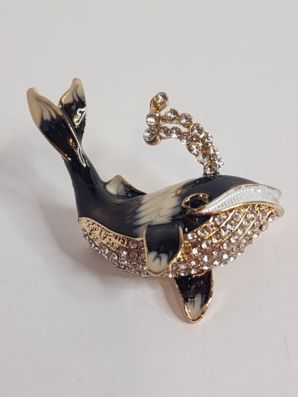 Crystal Encrusted Black Whale Brooch Pin 2" X 1.25". New